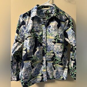 Talbots classic cotton shirt watercolor vases print size small petite.